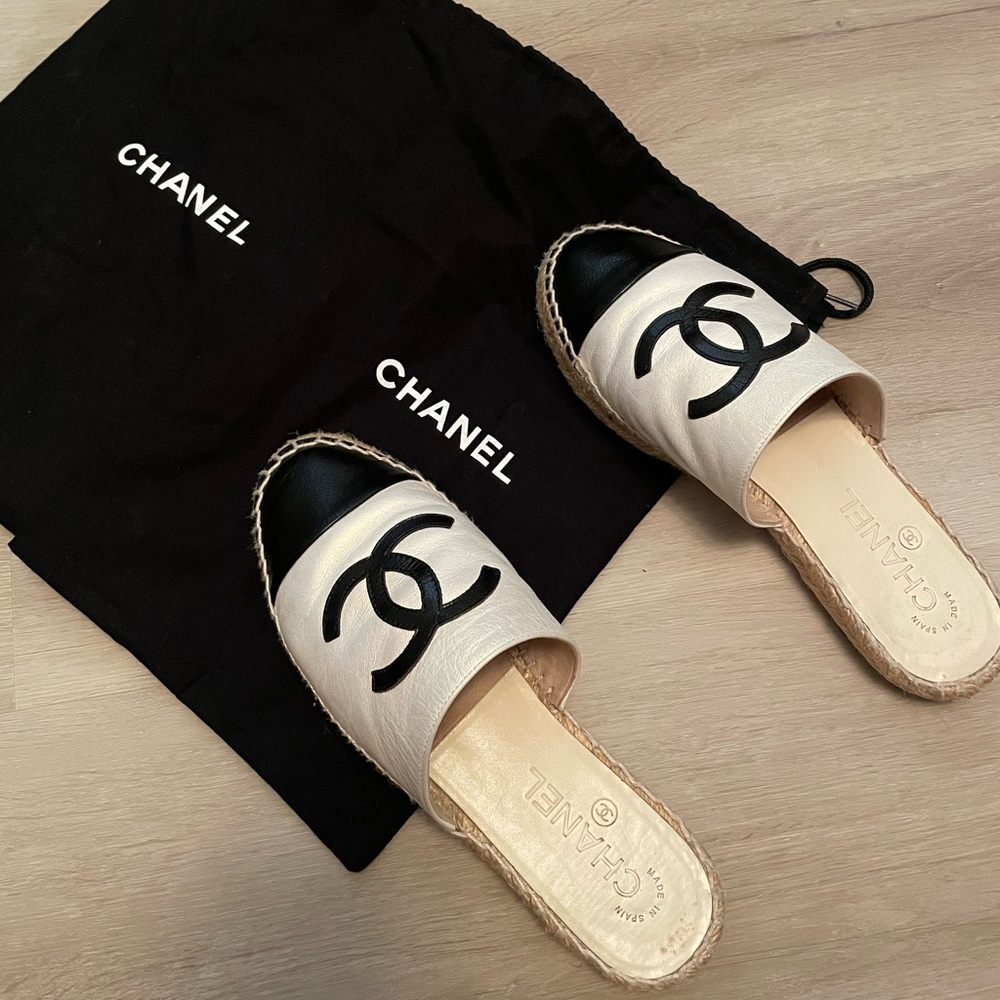 Authentic Chanel Black and White Espadrilles with Iconic Logo